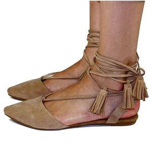 Jeffrey Campbell Amour Tassel Ankle Wrap Tan Suede Pointed Toe Flats size 7.5